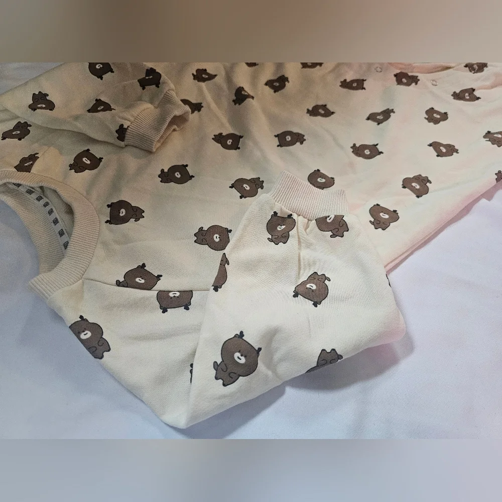 Adorable Soft Cream and Brown Bear Print Kids One Piece- Size 80